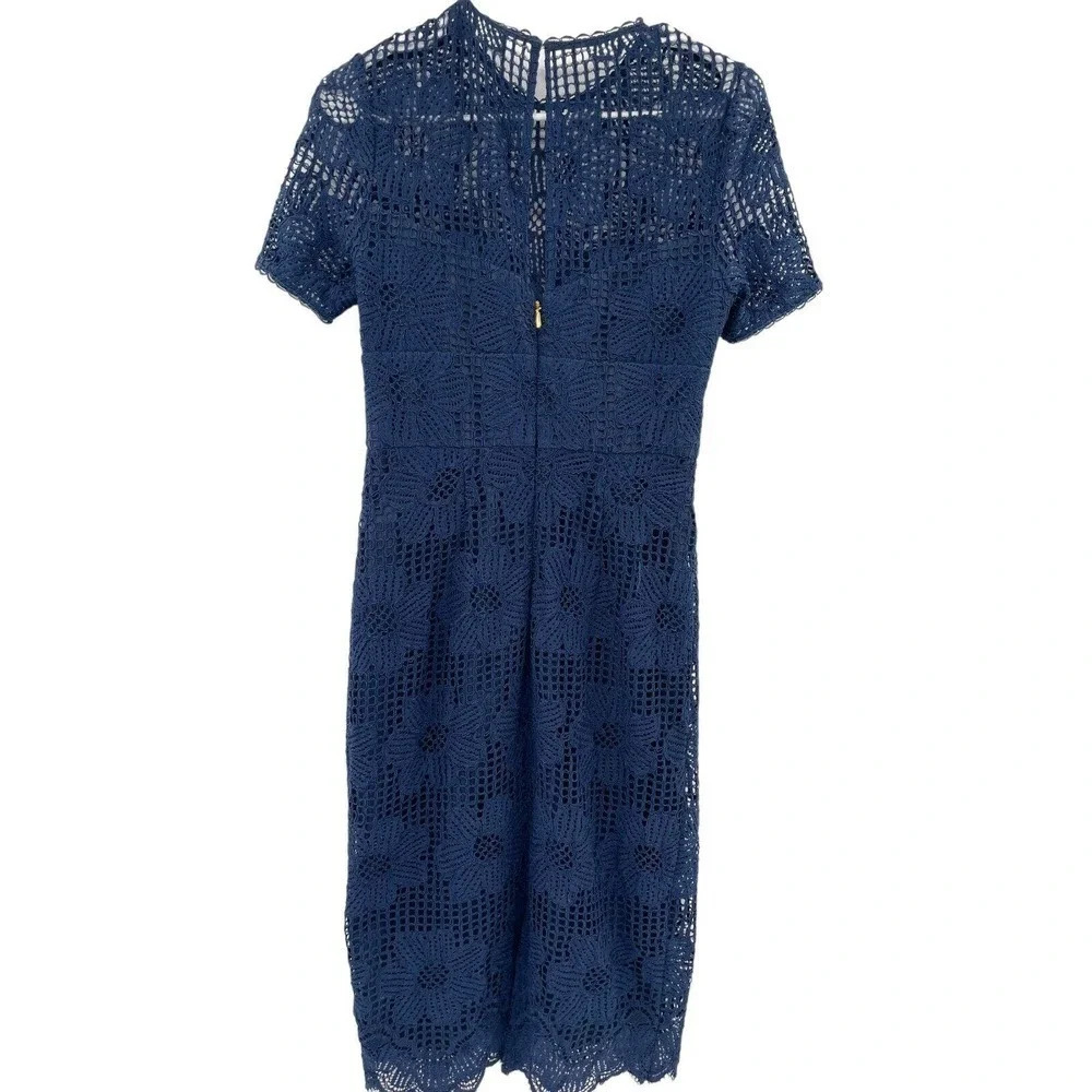 Trina Turk Women's Navy Blue Lace Sheath Dress Short Sleeve Back Zip Size 2 - Picture 5 of 13